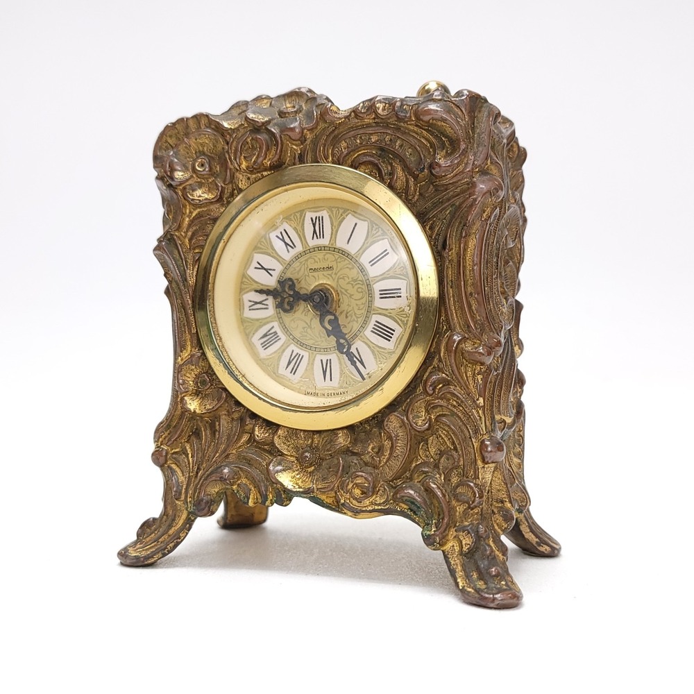 Antique Mercedes Shelf Mantle Clock Bronze Gold Tone Wind Up Working